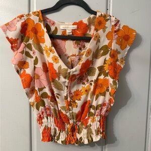 Floral V-Neck Blouse - Orange and Pink